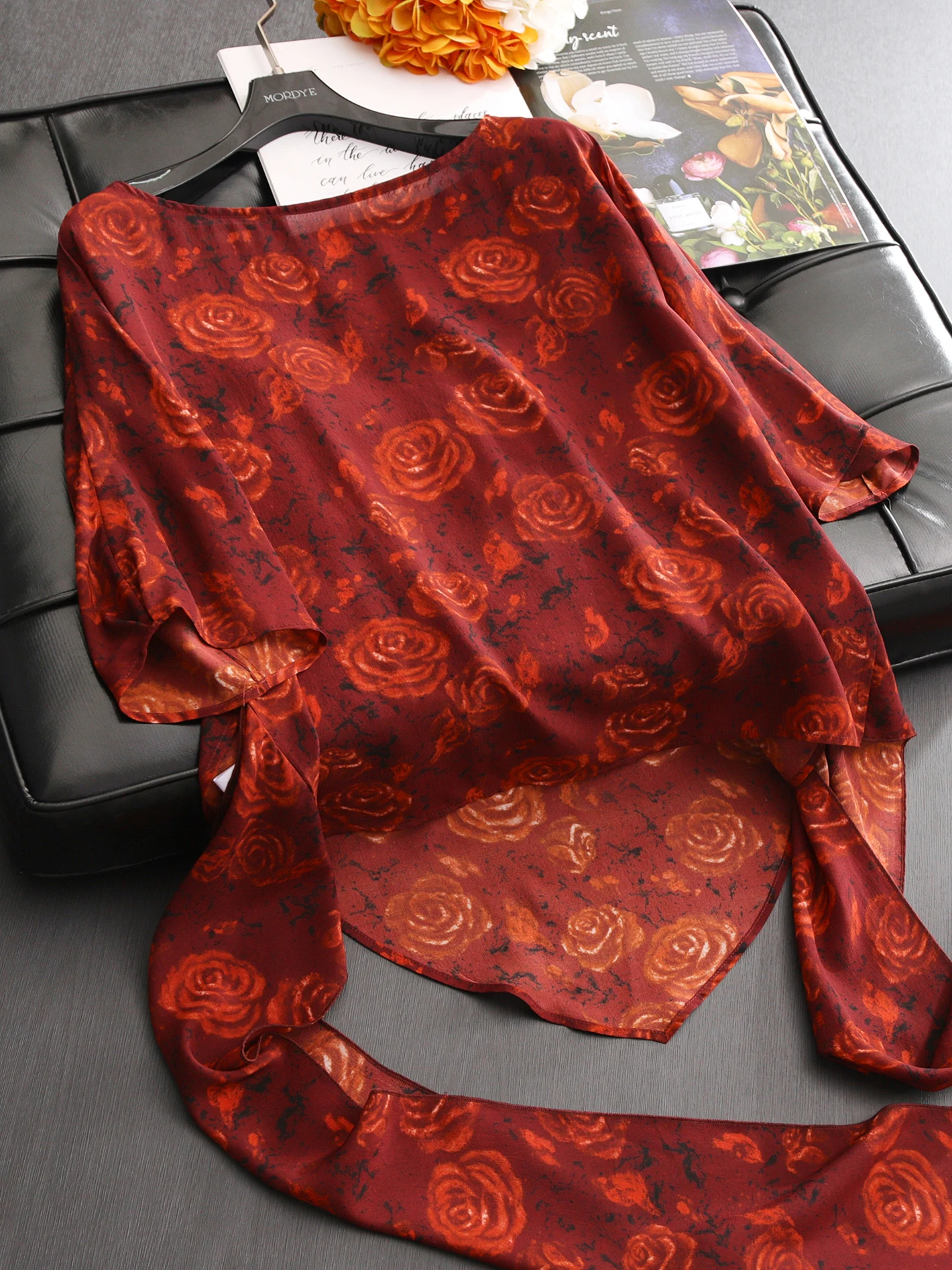 

Master Tailoring 100% Silk Cross Design Asymmetrical Hem Red Floral Print Silk Top Shirt Women's Fashion Original De...