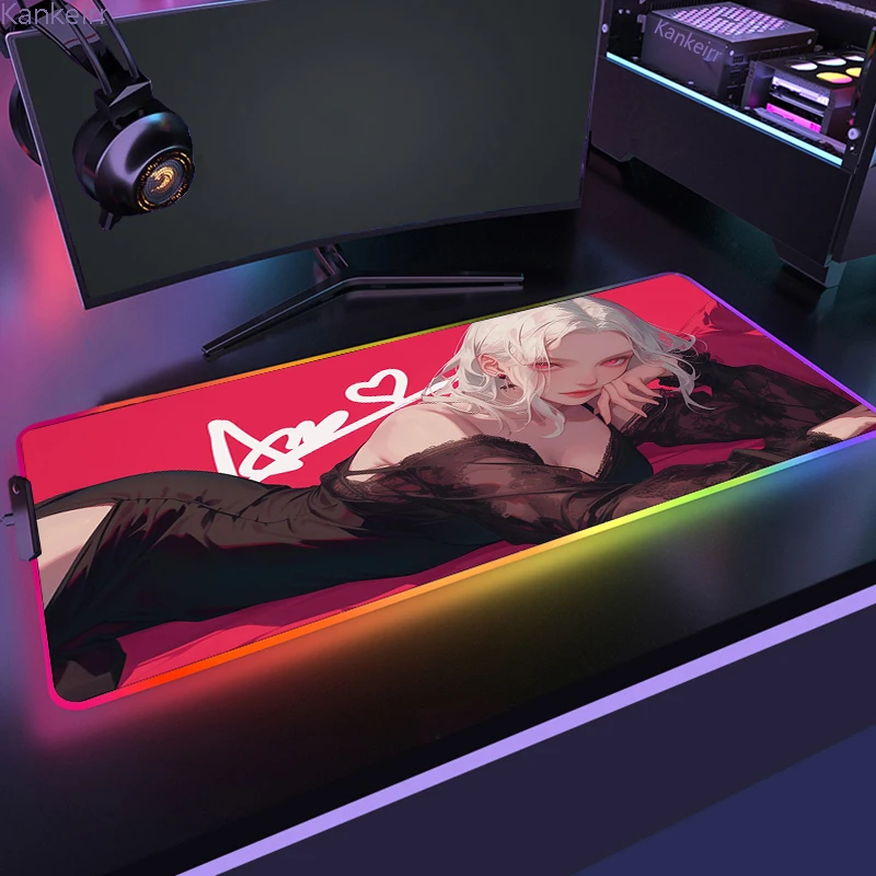 Kawaii Muismat Rgb Backlit Mat Gamer Toetsenbordmat Groot Xxl Gaming Verlengde Coole Deskmat Pc Anime Meisje Rode Achtergrondverlichting Muismat