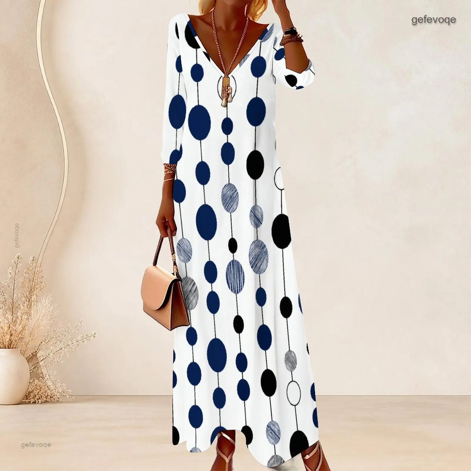 Vestido largo de manga 3/4 con cuello en V, estampado de lunares, en blanco, azul marino, negro y gris, para mujer.