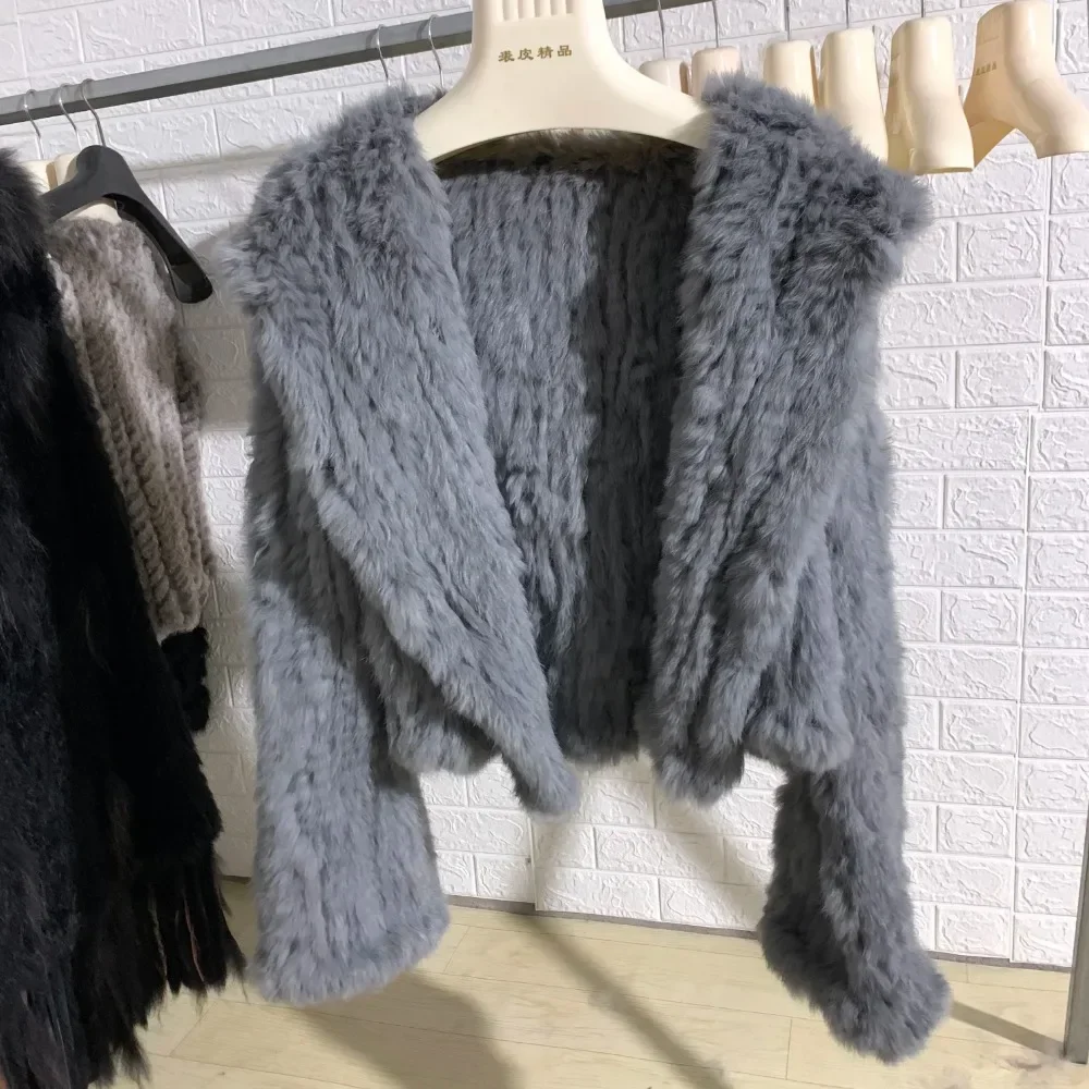 

Real Rabbit Fur Coat 100% Natural Fur Jacket Quality Streetwear Hooded Loose Manual Weave Flare Sleeves New Autumn Winter Women