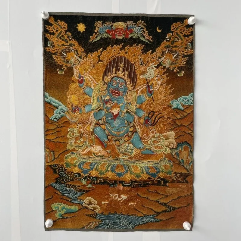Six-Arm Mahakala Brocade Embroidery Thangka Scroll Tibetan Buddhism Black Dharma Protector Buddha Tapestry Religious Wall Decor