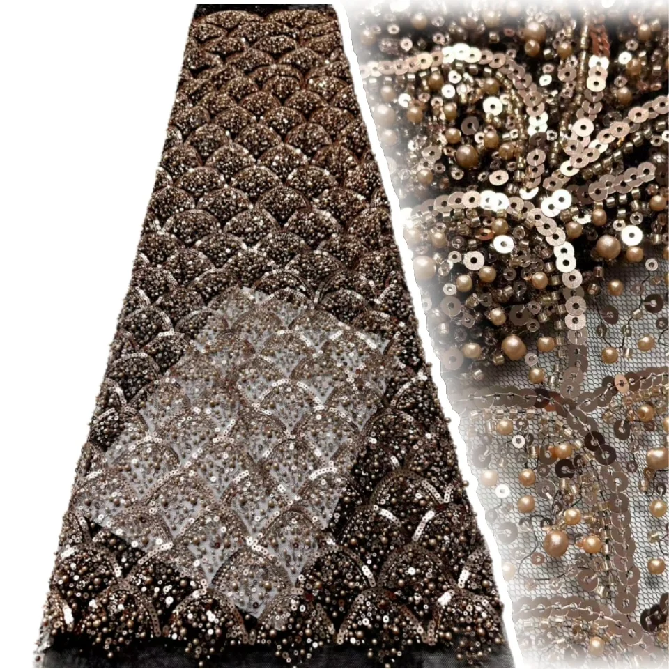 

Коричневые африканские бусины ручной работы, кружевная ткань, высокое качество, нигерийские блестки, французский тюль, материал для свадебного платья AH1651