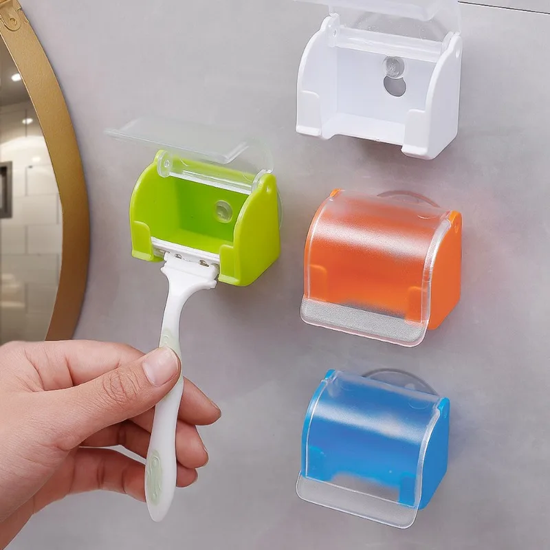 1/4pcs No-Punch Razor Holder With Lid Men Shaving Shaver Storage Bracket Wall Hook Bathroom Shelf Organizer Bathroom Accessories