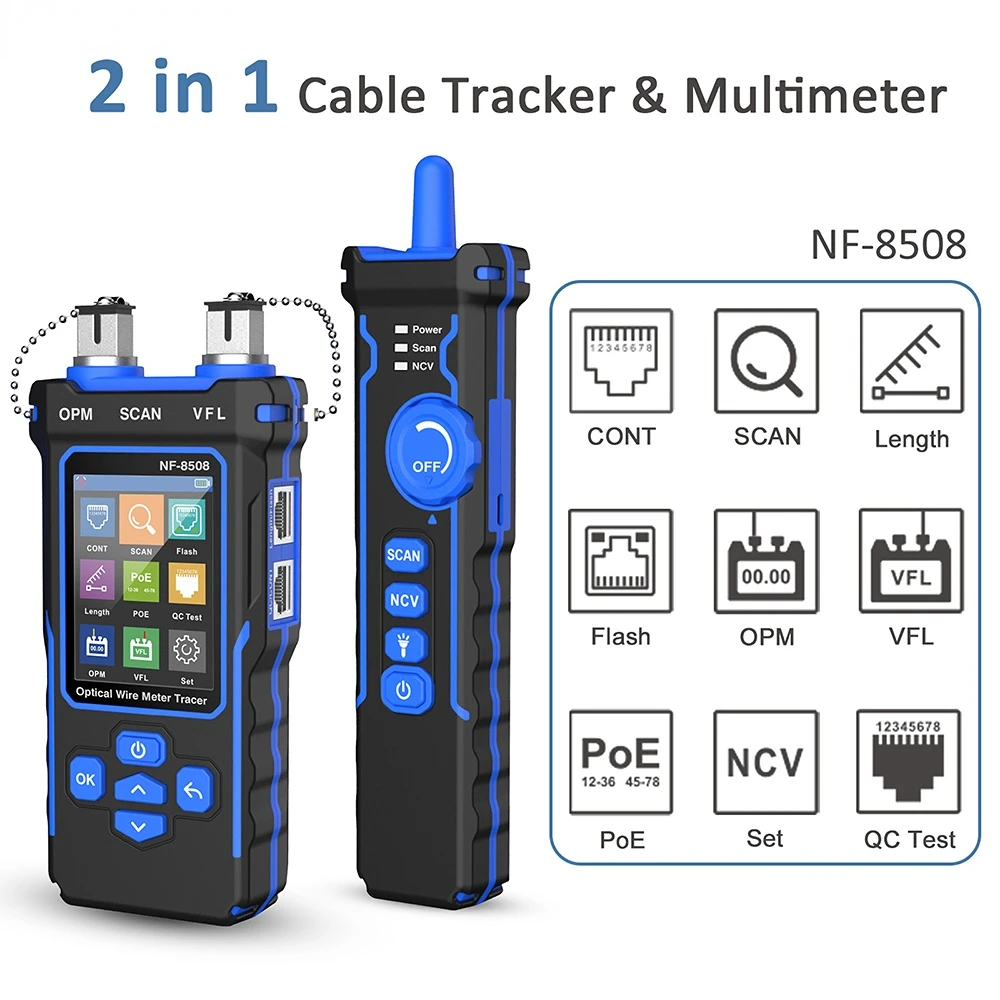 NF-8508 Network Cable Tester | LAN Optical Power Meter with LCD Display | Cable Length Measurement & Wiremap Tracker