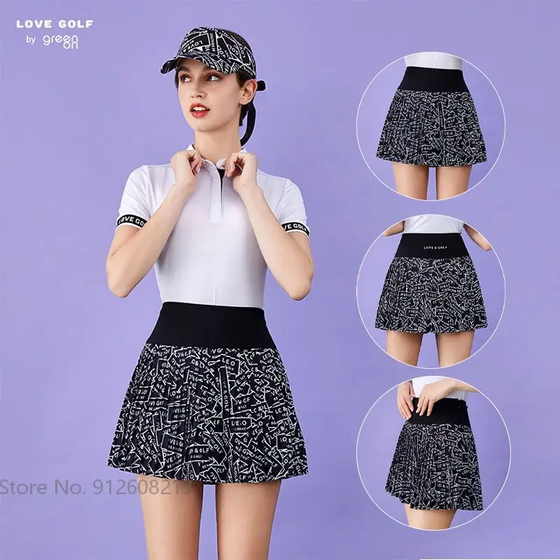 

Love Golf Ladies High Waist Printed Pantskirt Summer Anti-empty Golf Pleated Skirt Women Sports A-lined Skort with Inner Shorts