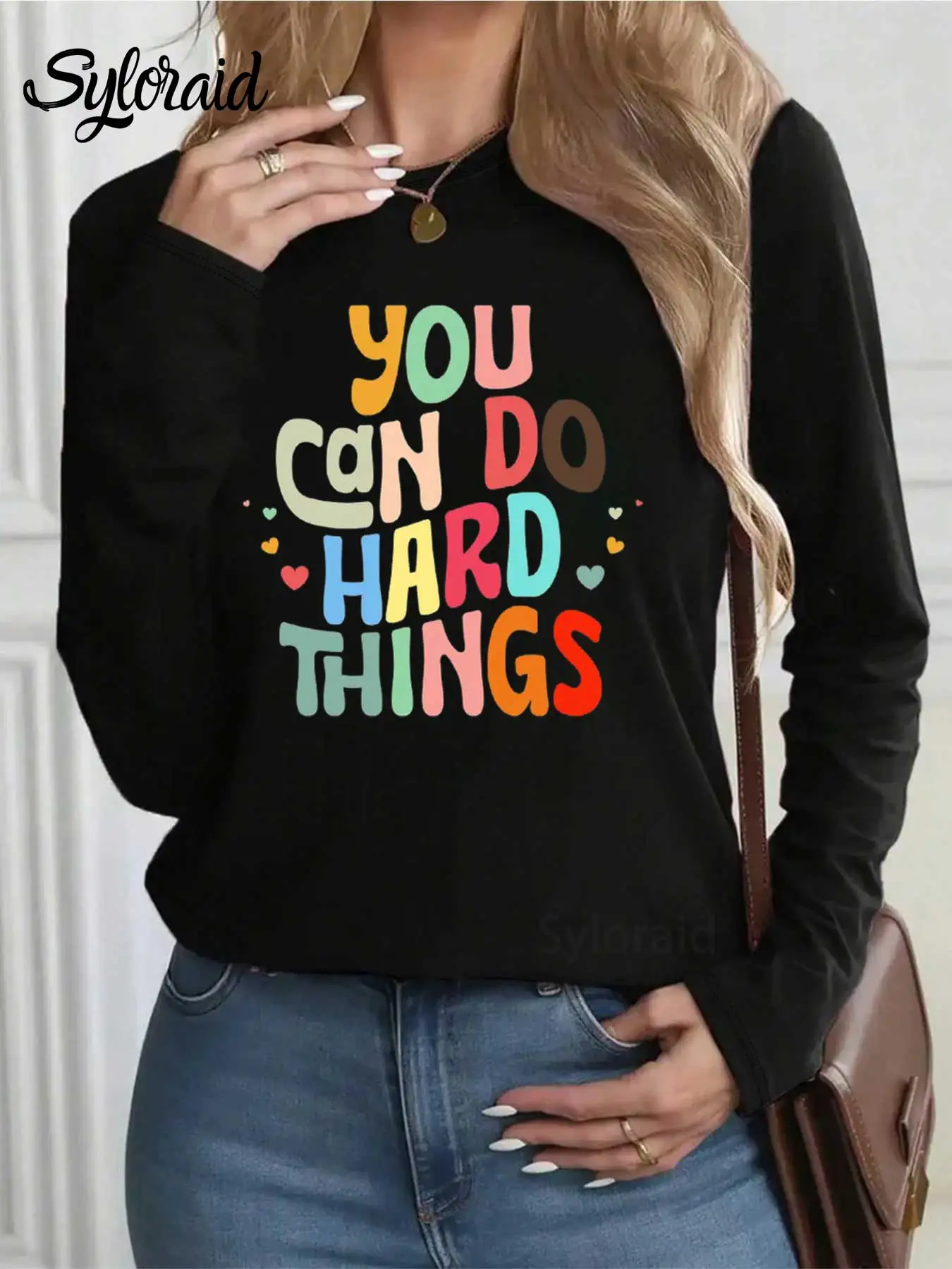 تي شيرت نسائي بأكمام طويلة يمكنك القيام بالأشياء الصلبة، قميص المعلم، قميص مستشار المدرسة، قميص كاجوال برقبة دائرية #2