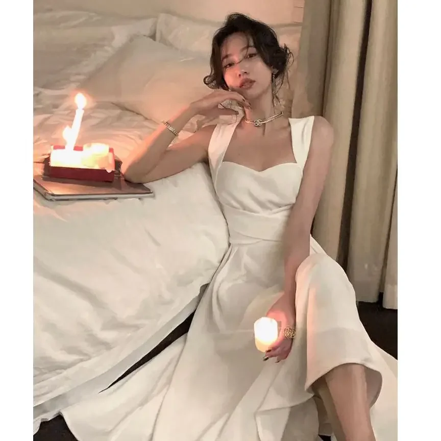 Elegant White Cross Strapless Dress Women's Summer Slimming Empire Waist Long Gown Gentle Neck Hanging Polyester Fiber