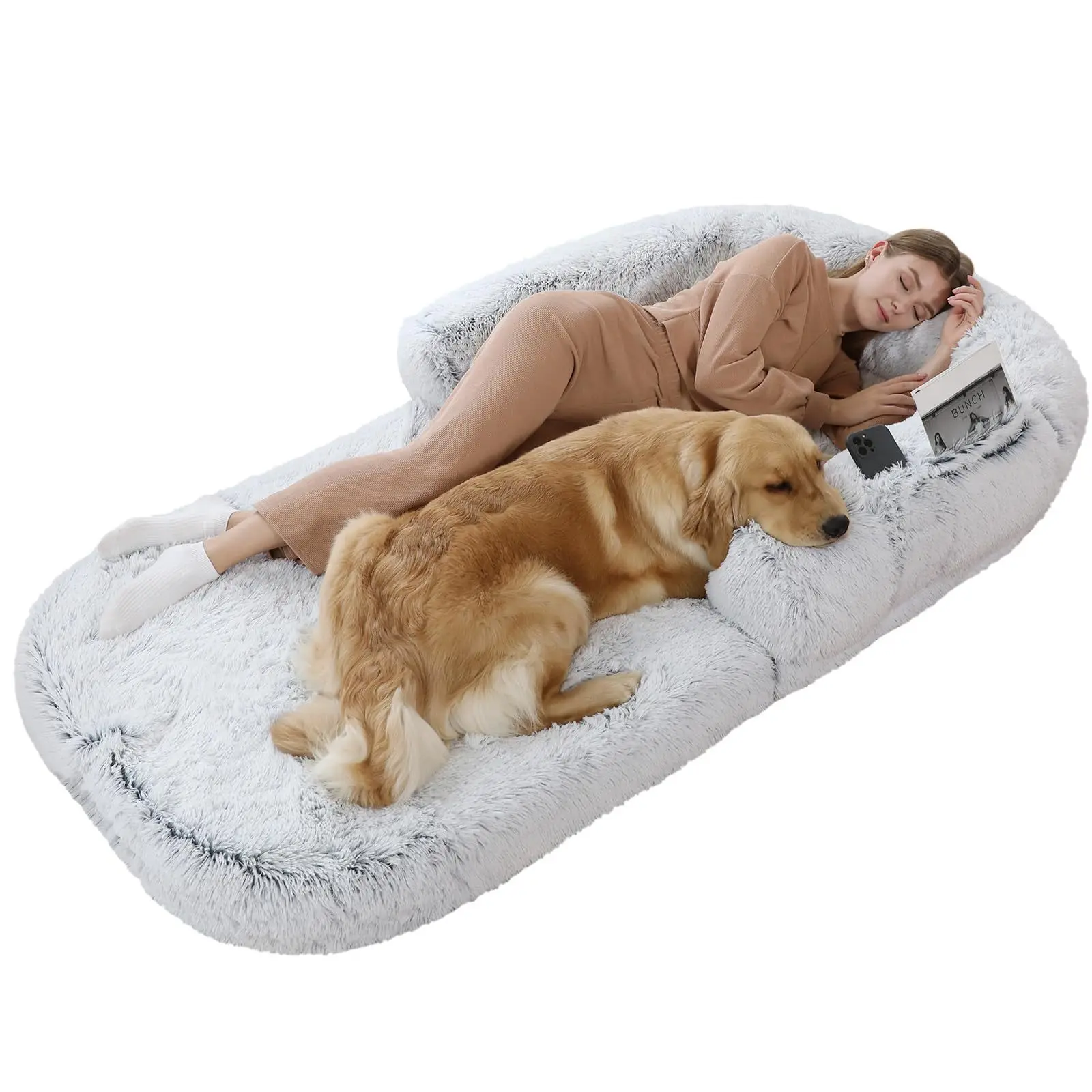 Cama plegable de felpa lavable para perros humanos para adultos y personas, cama gigante con bolsa de frijoles para ti y mascotas