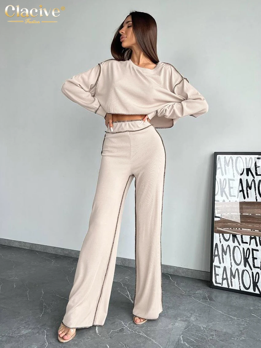 

Clacive Fashion Loose Apricot 2 Piece Sets Women Outfit 2024 Casual Long Sleeve Crop Top With High Waist Wide Pants Set Female