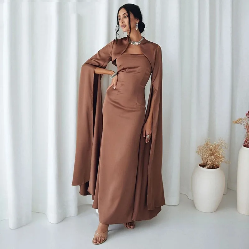 

Aleeshuo Modern Mermaid Long Sleeves Prom Dresses Pleat Strapless Formal Party Evening Gowns Zipper Ankle-Length Saudi Arabic