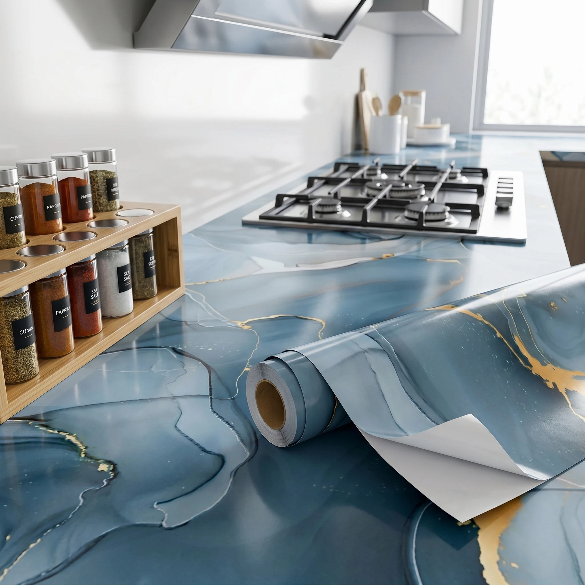 Blue Gold Marble Contact Paper Peel and Stick Waterproof Self Adhesive Vinyl Wallpaper for Kitchen Countertop Home Decor