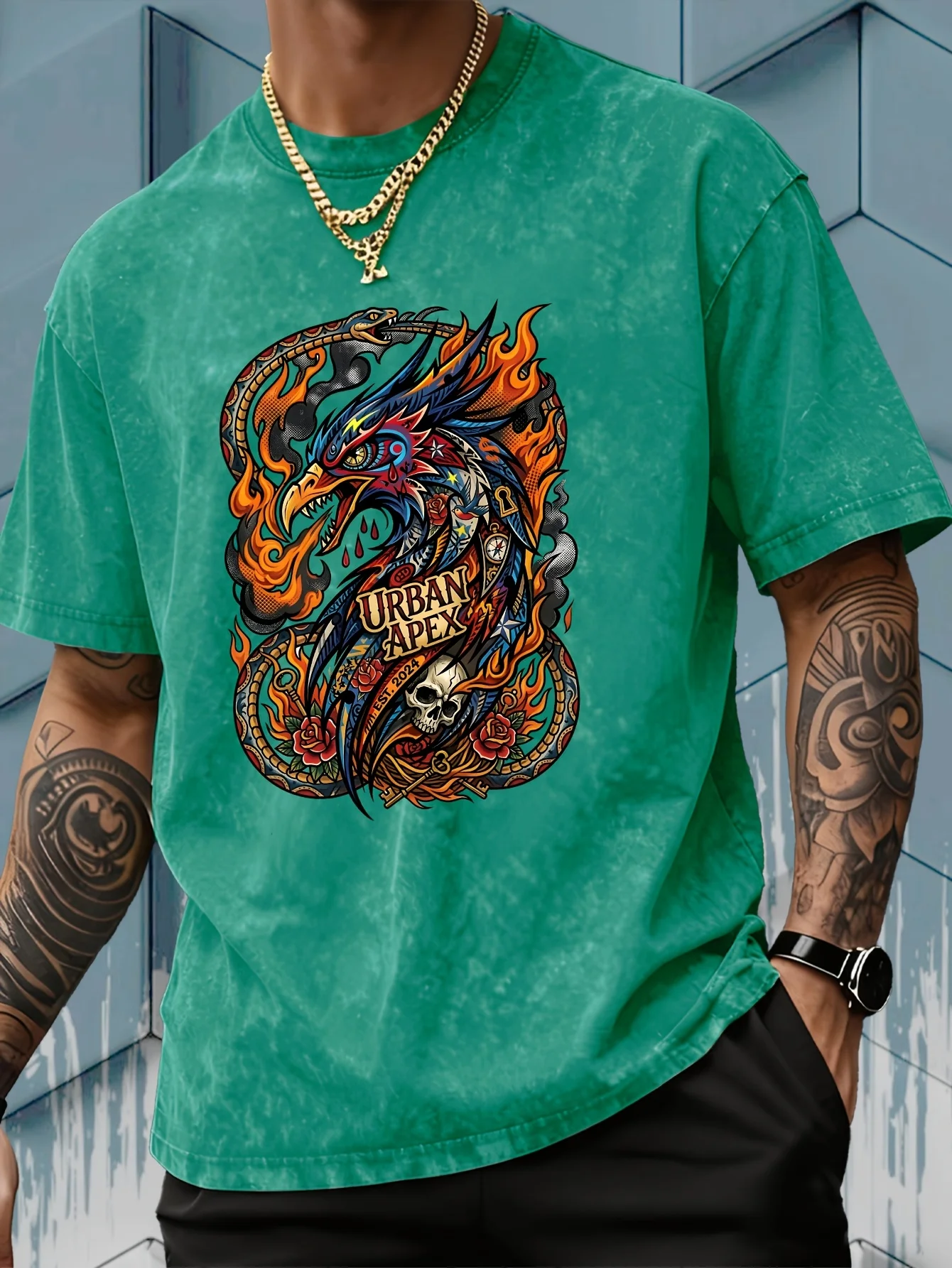 Acid Wash Vintage Graphic T Shirt - Camiseta Streetwear com Estampa Dupla Face,