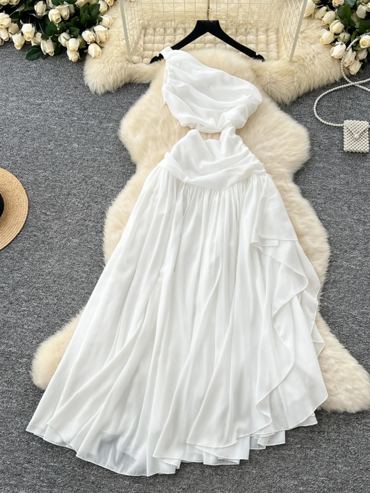 Vestido de chifón con diseño de cintura hueca, hombros asimétricos y corte entallado para mujer, estilo de viaje, primavera 2...