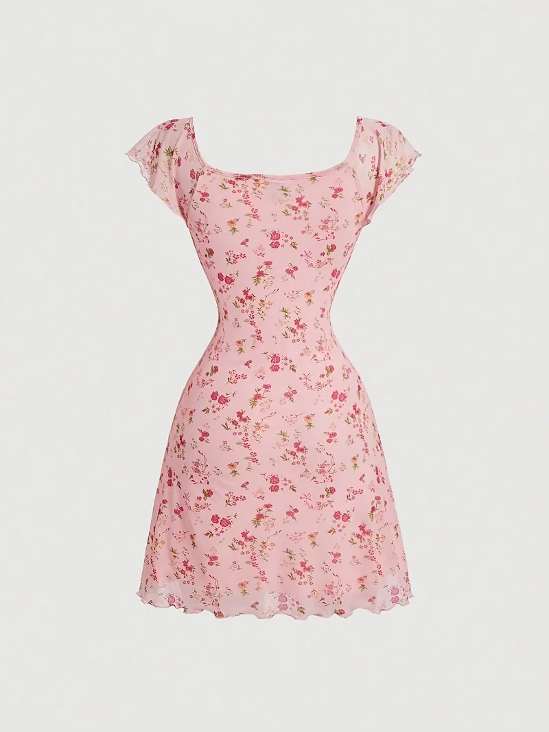 Vestidos de mujer sin mangas con volantes y cuello cuadrado con lazo recortado sin espalda floral/punto fiesta de verano mini vestido corto de una línea