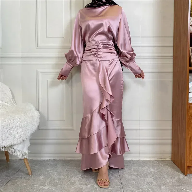 Casual Solid Long Sleeve Flounce 2-piece Set Muslim Set Satin O-neck Shirt Abayas for Women Party Dresses for Women Abaya Caftan