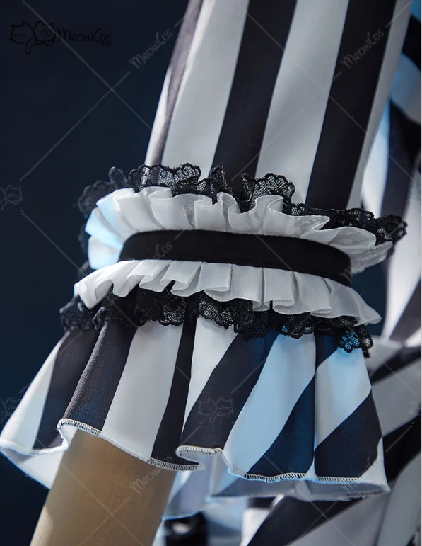 MEOWCOS المرأة القوطية فستان هالوين القبر الحبوب القوطي خمر أبيض وأسود مخطط فستان مكشكش زي الهالوين التأثيري #5