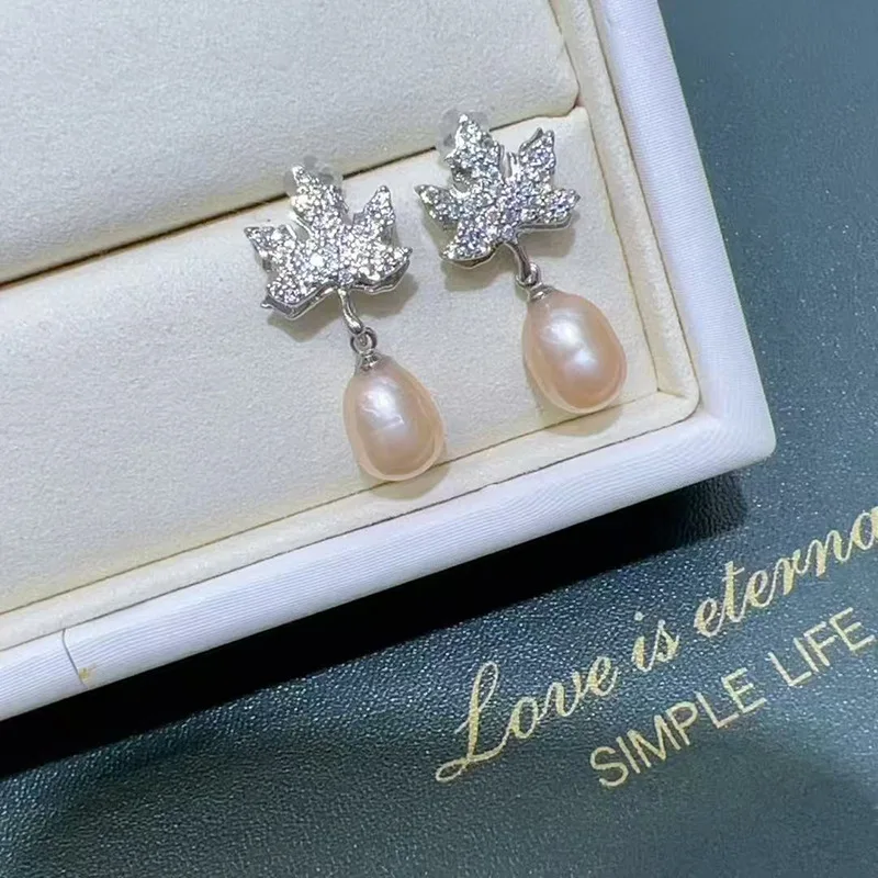 Freshwater Pearl Drop Earrings Women Maple Leaf Zircon Stud Earrings Luxury Rhinestone Jewelry S925 Silver Post