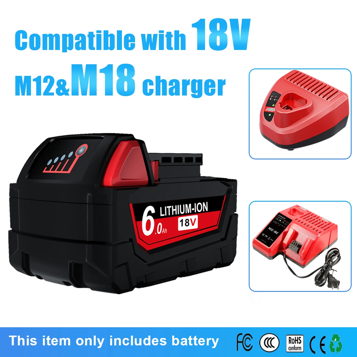 Remplacement 18V 6,0Ah pour batterie au Lithium Milwaukee M18 XC 48-11-1860 48-11-1850 48-11-1840 48-11-1820 Batteries rechargeables