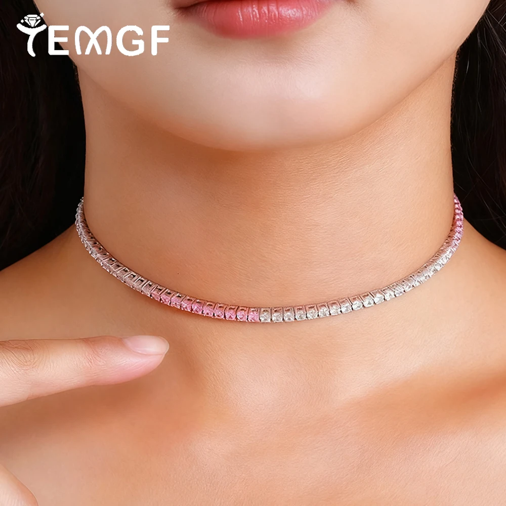 

TEMGF S925 Sterling Silver Necklace Gradient Pink Zircon Chokers Chain for Women Girls Fashion Sparkling Fine Jewelry Gifts