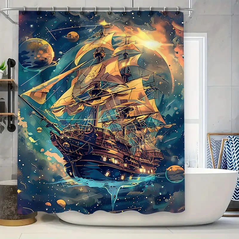 

Звездная ночь, космическое приключение, парусный корабль, занавеска для душа, синий лунный свет, фэнтезийный декор для ванной комнаты, ткань с принтом, водонепроницаемая стена