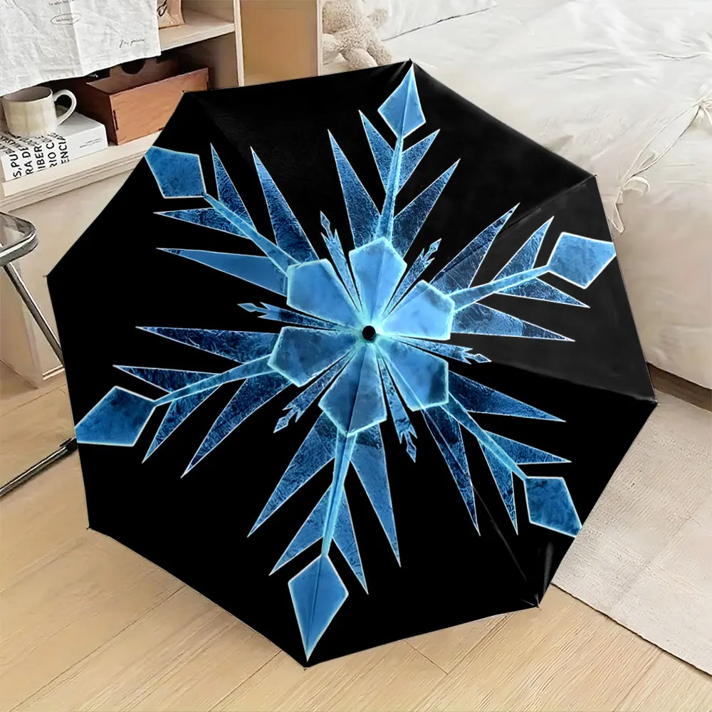 1PC Frozen Snowflake Design Black Umbrella for Stylish Use Print 8 Iron Ribs Folding Umbrella Auto-Open Fashion Sunshade