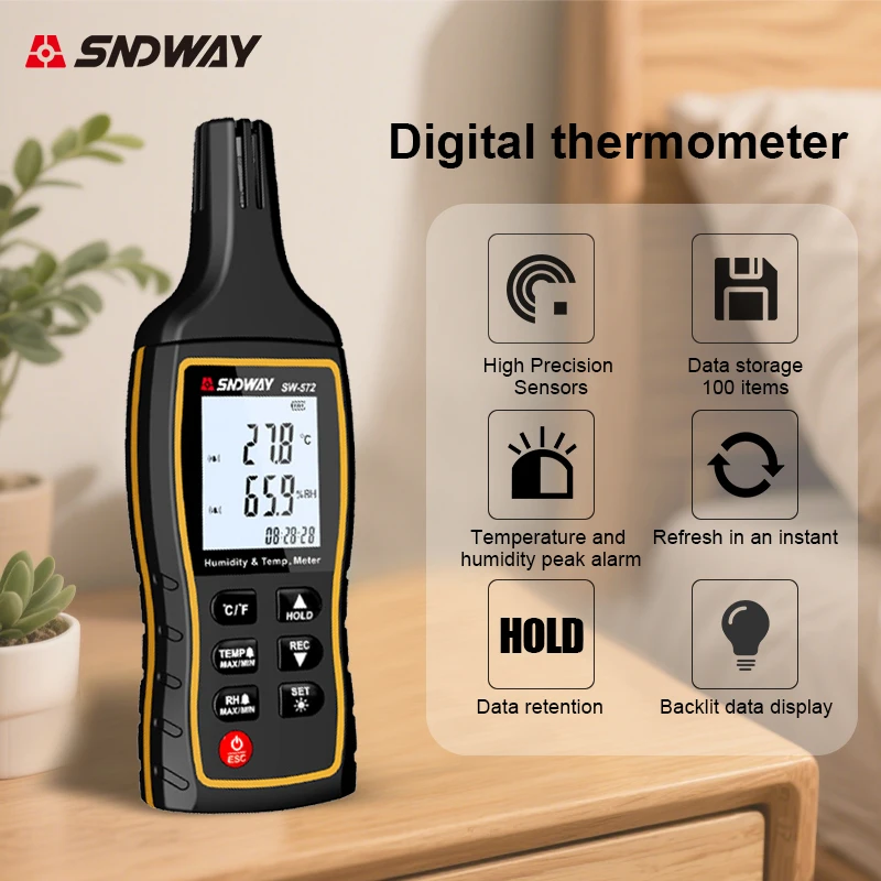SNDWAY Digital Thermohygrometer High Precision Temperature Humidity Sensor Data Storage Indoor Outdoor Tester