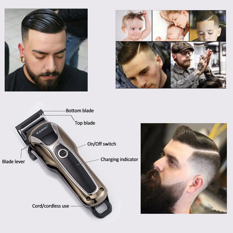 Kemei-Tondeuse à cheveux électrique sans fil pour hommes, tondeuse de barbier professionnelle, machine à couper les cheveux, USB aste, LCD