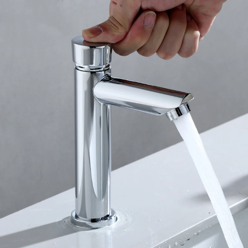 Self Closing Faucet Chrome Plated Water Saving Tap Bathroom Basin Cold Faucet Delay Push Button Basin Sink Tap for Home Kitchen