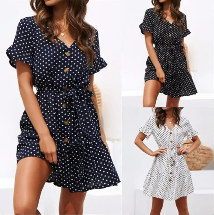 Femmes été robe de plage décontracté à manches courtes à pois robe Boho Mini robe de soirée élégante col en V robe d'été robes