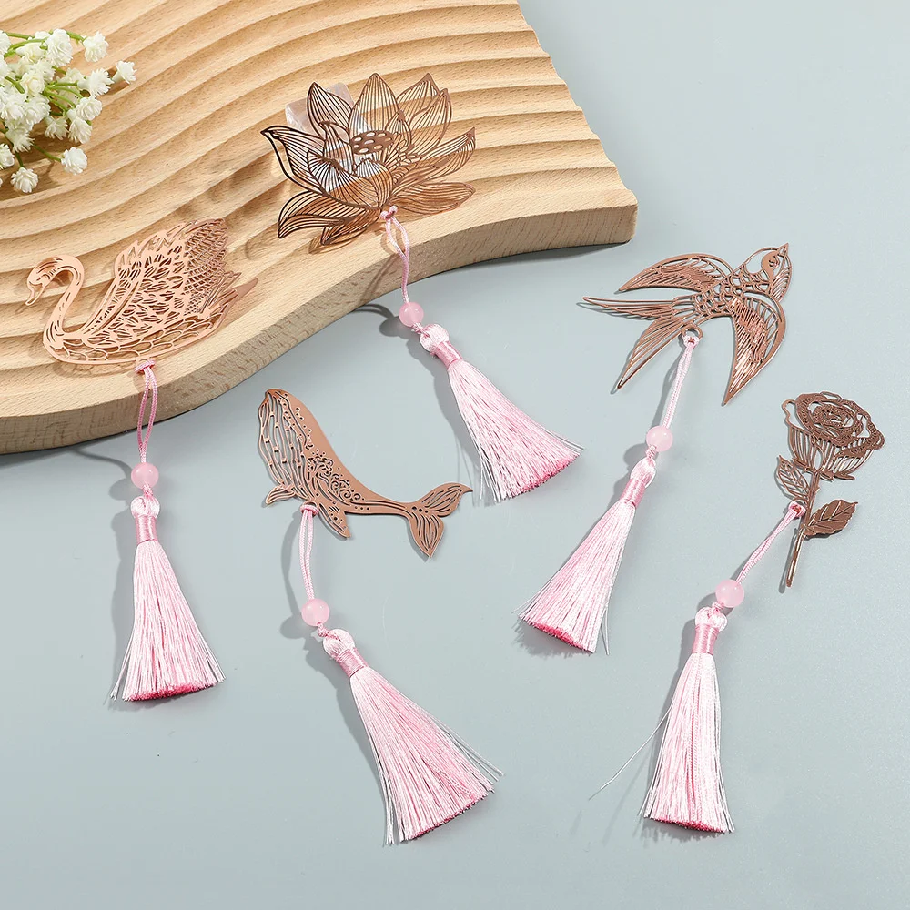 Rose Gold Color Hollow Animal Flower Plant Metal Bookmarks With Pink Tassel For Book Lover Mark Gifts Collection
