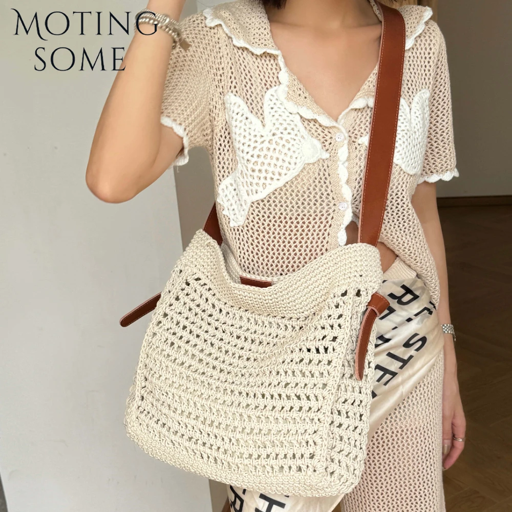 

Motingsome 2025 Summer Bag Woman Hollow Out Tote High Quality Oil Wax Strings Woven Bags Cowhide Strap Luxury Satchel Handbag