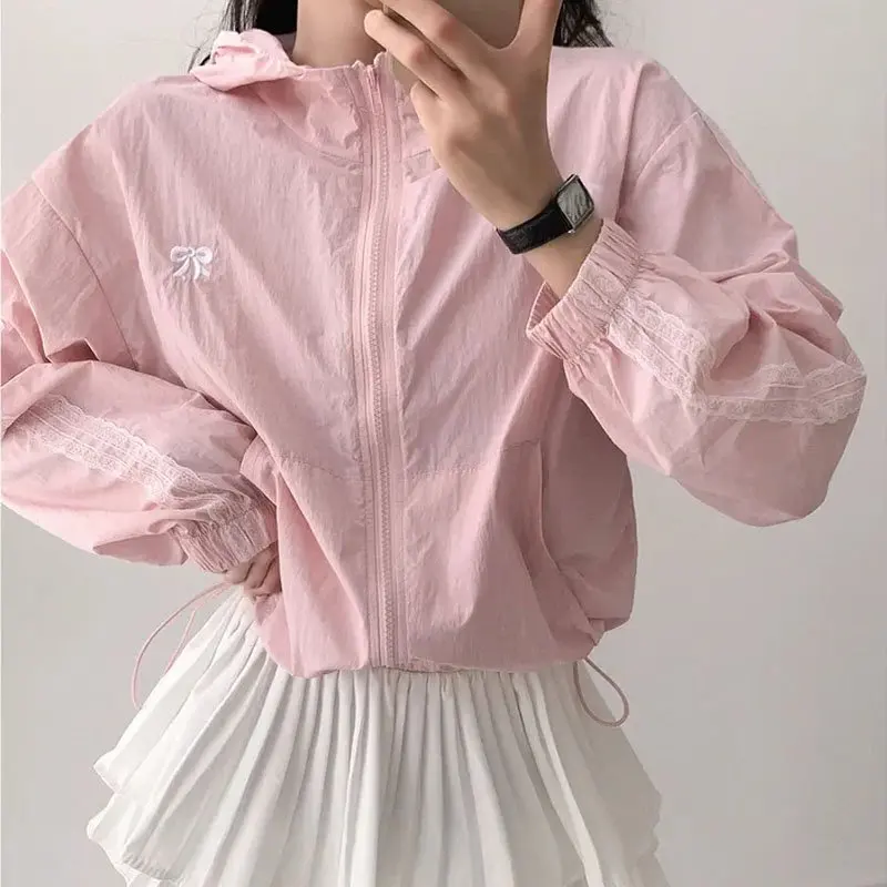 

Korean Chic Lace Sleeveless Hooded Long Sleeve Zipper Cardigan Loose Fit UV Protection Spring Summer Outerwear Women's Fashion