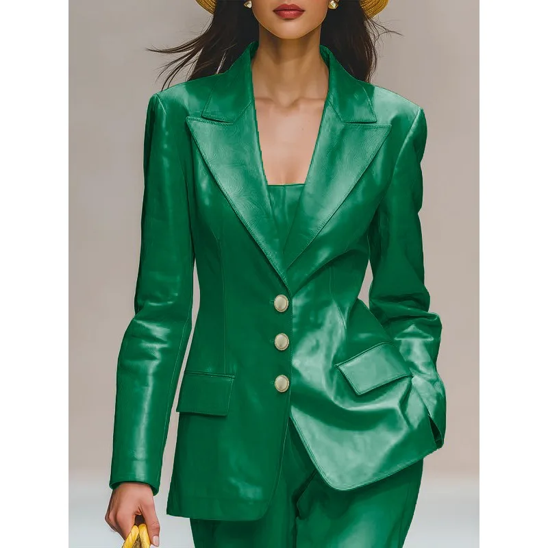 T Е Moderno Vintage Ecopelle Giubbotti Donna Autunno Inverno 3 colori Loose Fit Dentellato Manica Lunga Bottone Pu Cappotti 194265