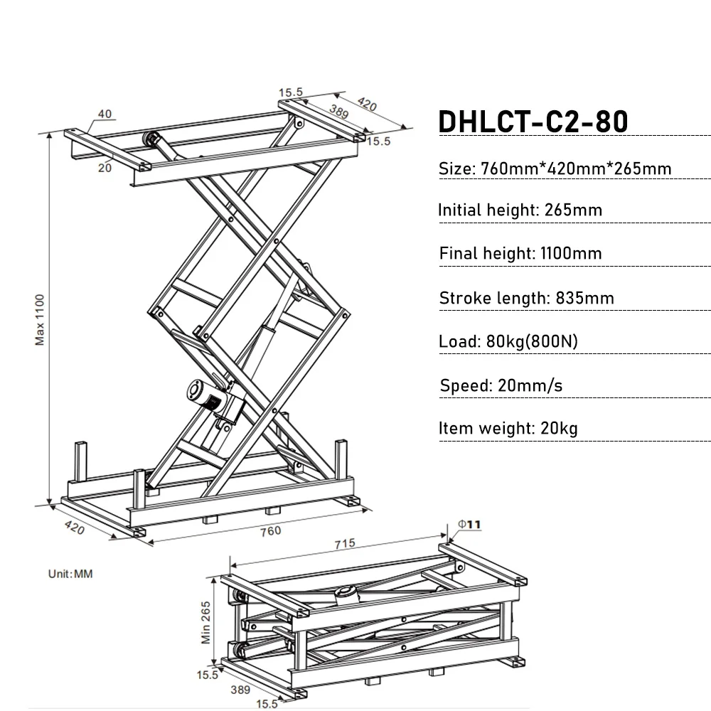 1005mm Stroke Electric Lifting Platform with App Controller Double-layer 60kg/80kg Load DC24V Hand Control Table Lifter Motor