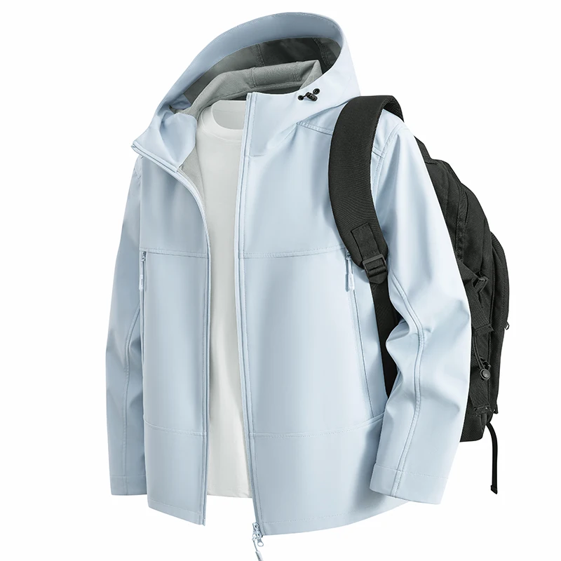 Plus Size Men Soft Shell Jacket Fleece Inner Lining Wind‑Resistant Water Repellent Adjustable Hood Zip Pockets Loose Casual Hiki