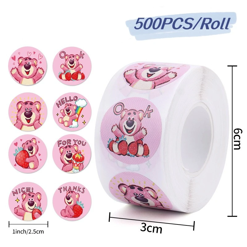 500PCS/Roll Pink Strawberry Bear Lotso Sealing Sticekrs For Luggage Phone Case Laptop Notebook Decals Kids Gift