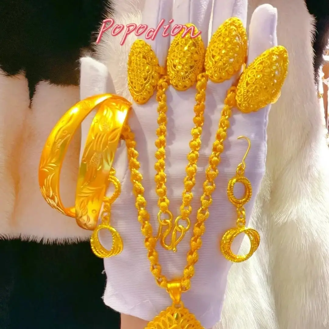 Popodion  New 24K Gold Plated Dubai Jewelry Necklace Ring Bracelet Women's Earrings Jewelry Set Eight Piece Set YY10374