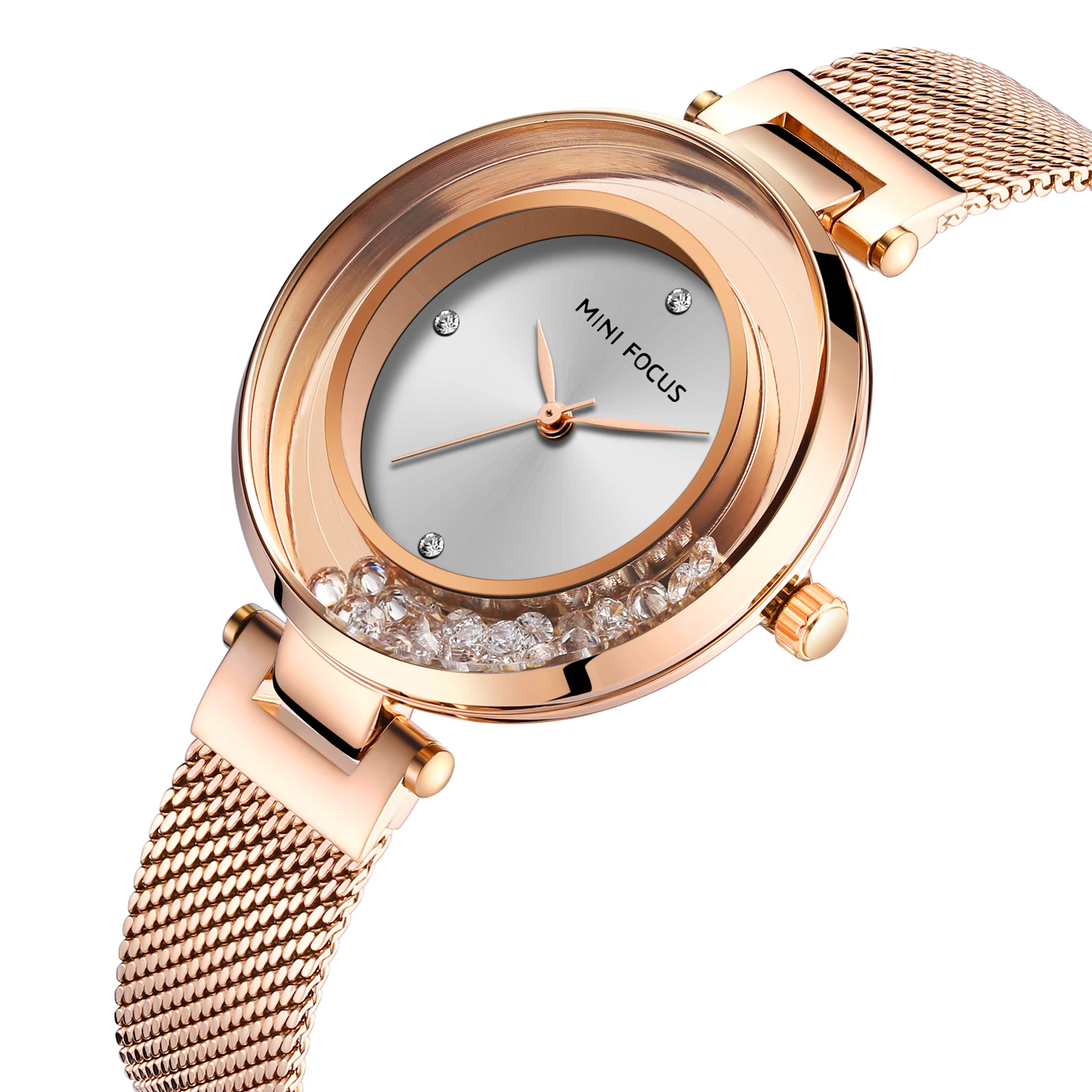 MINI FOCUS MF0254L Unique Design Diamonds Dial Watch Fashion Waterproof Mesh Stainless Steel Band Women Quartz Watches
