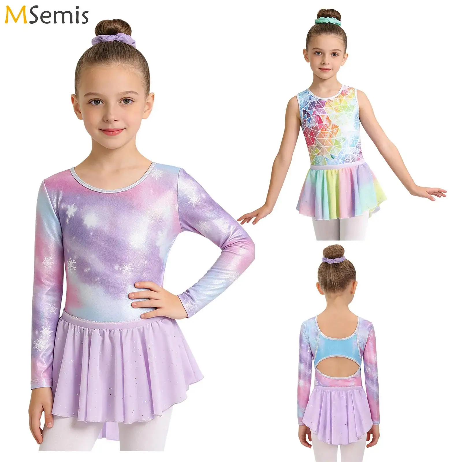 Leotardo de gimnasia para niñas, ropa de baile, maillot de ballet metálico estampado, disfraz de baile con falda de lentejuelas y banda para el pelo