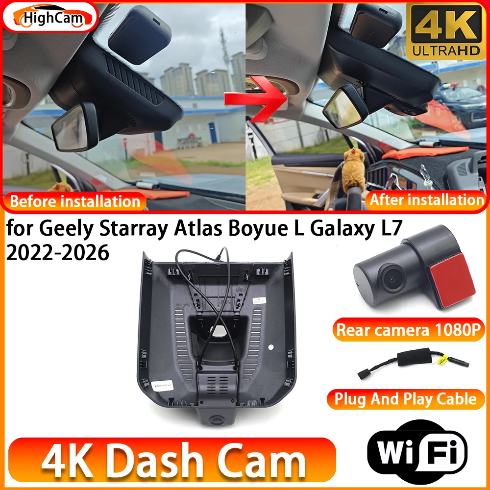 for Geely Starray Atlas Boyue L Galaxy L7 2022-2026 OEM 4K DVR Dash Cam Front Rear Camera WiFi Video Recorder Plug and Play