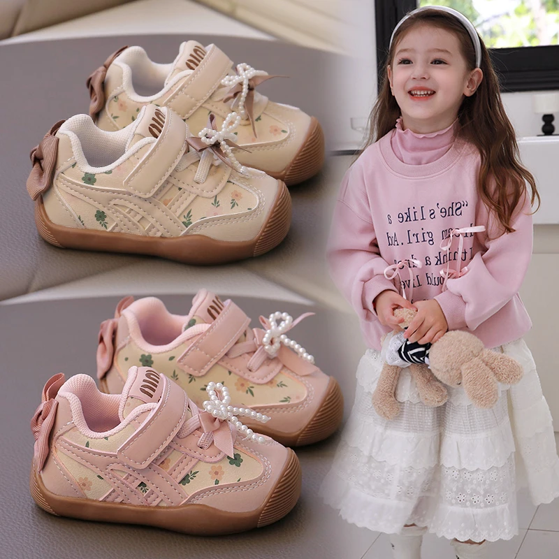 

Children's Walking Shoes 0-6 Years Old Beige Breathable Bow Girls Single Shoes Four Seasons Pink Soft Non-slip Kids Sneakers