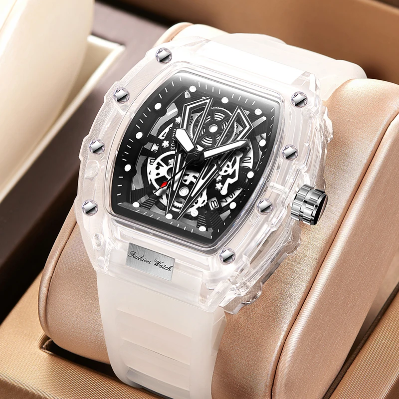 Dropshipping Men\'s Tonneau Watches Fashion Sport Luminous Quartz Timepiece Special Transparent Case White Man Watch Without Logo