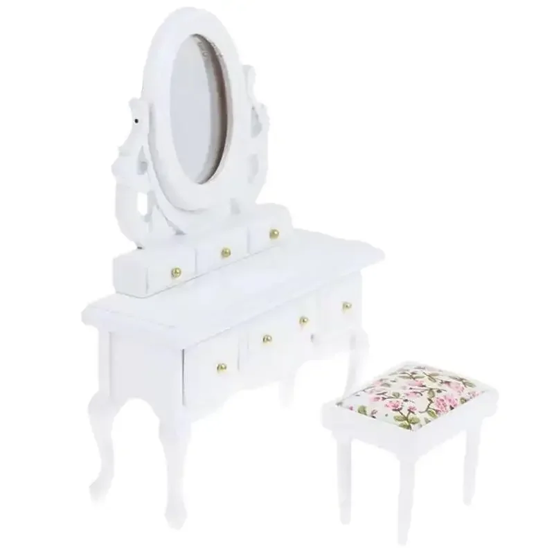1 ensemble 1:12 maison de poupée meubles miniatures maison de poupée chambre coiffeuse avec miroir bureau et tabouret jouet cadeaux pour les filles