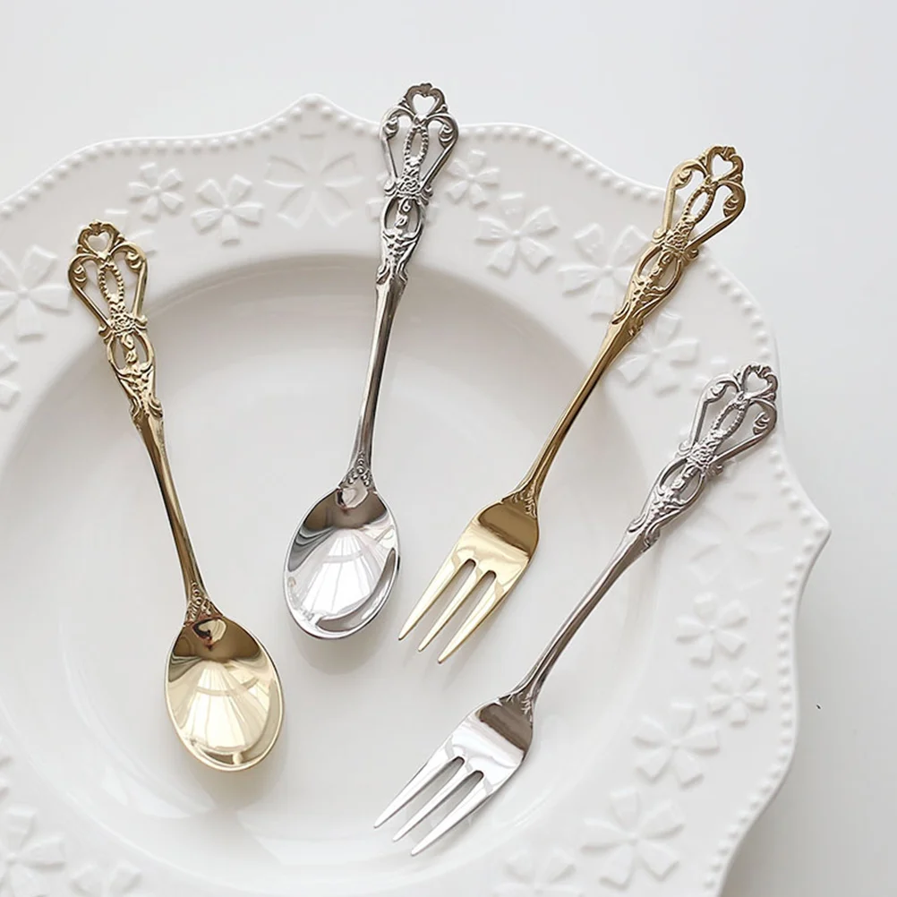 

1Set Gold Retro Stainless Steel Fork Spoon Hollow Out Design Elegant Tableware for Dessert Shop Restaurant Home Kitchen Use