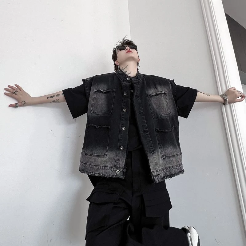2025 Summer Korean Inspired Vintage Denim Vest for Men Distressed Wash Oversized Boyfriend Jacket with Raw Hem Unisex Design​