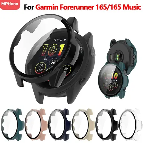 Garmin Forerunner 165 PC 용 강화 유리 + 케이스 Garmin 165 Music 용 하드 스크린 보호기 올라운드 범퍼 보호 커버