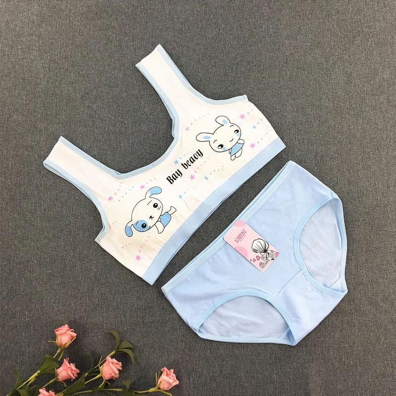 Cute Cartoon Rabbit Printing Girl Development Period Underwear Student Sports Vest Suit Girls Tube Top 8-16Y Training Bra Set