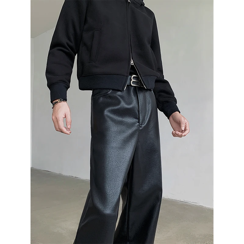 Men's Punk PU Leather Pants Black Wide-leg Zipper straight trousers Fashion Hipcool Windproof Mopping Trousers All-match view 4