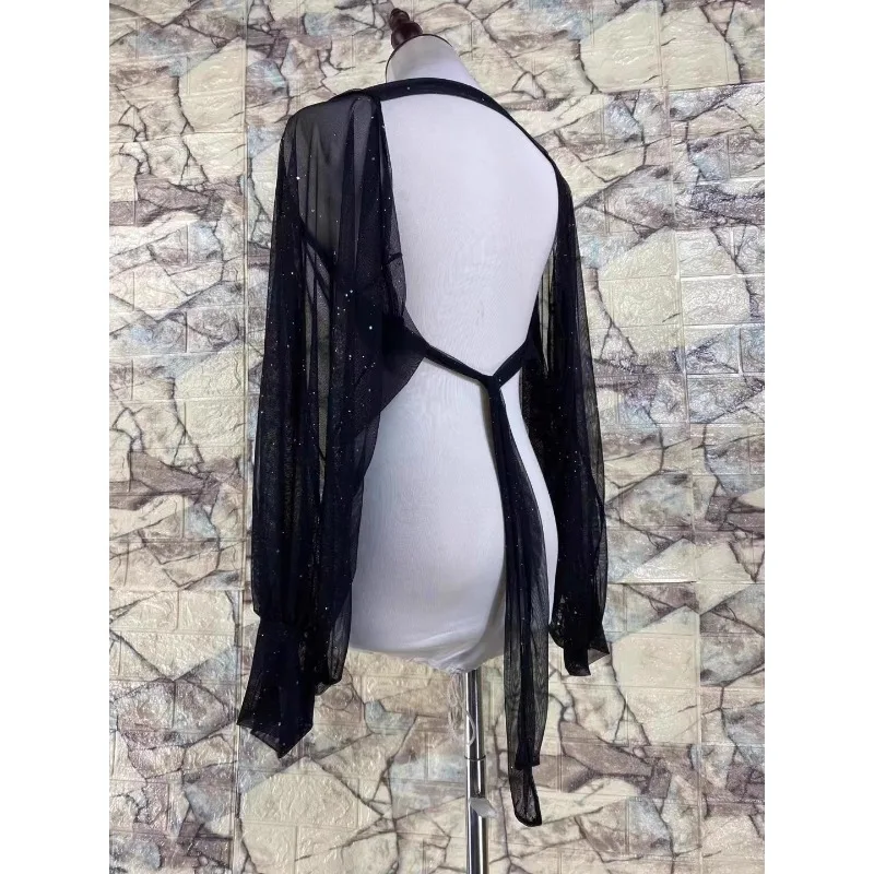 

customized belly dance costumes with shimmering mesh black long sleeved shirt paired oriental dance lace up small camisole tops