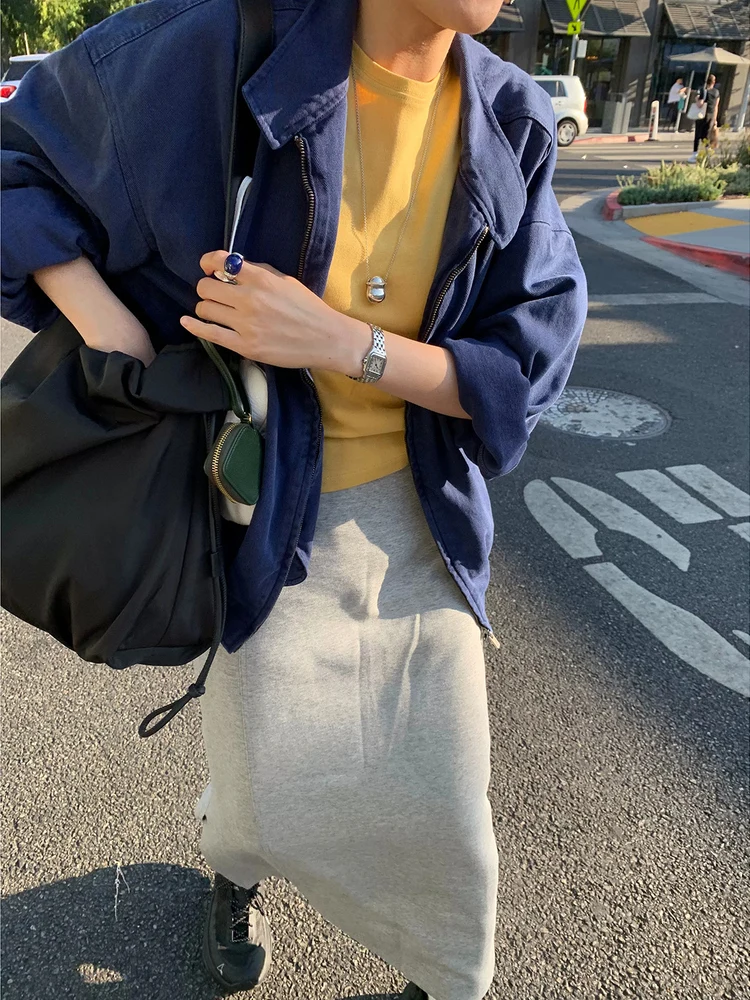 

Retro Sle Women's Jaet Stand Collar Distred Denim Casual Simple Outerwear Mid-Length Sve Long Zipper Closure